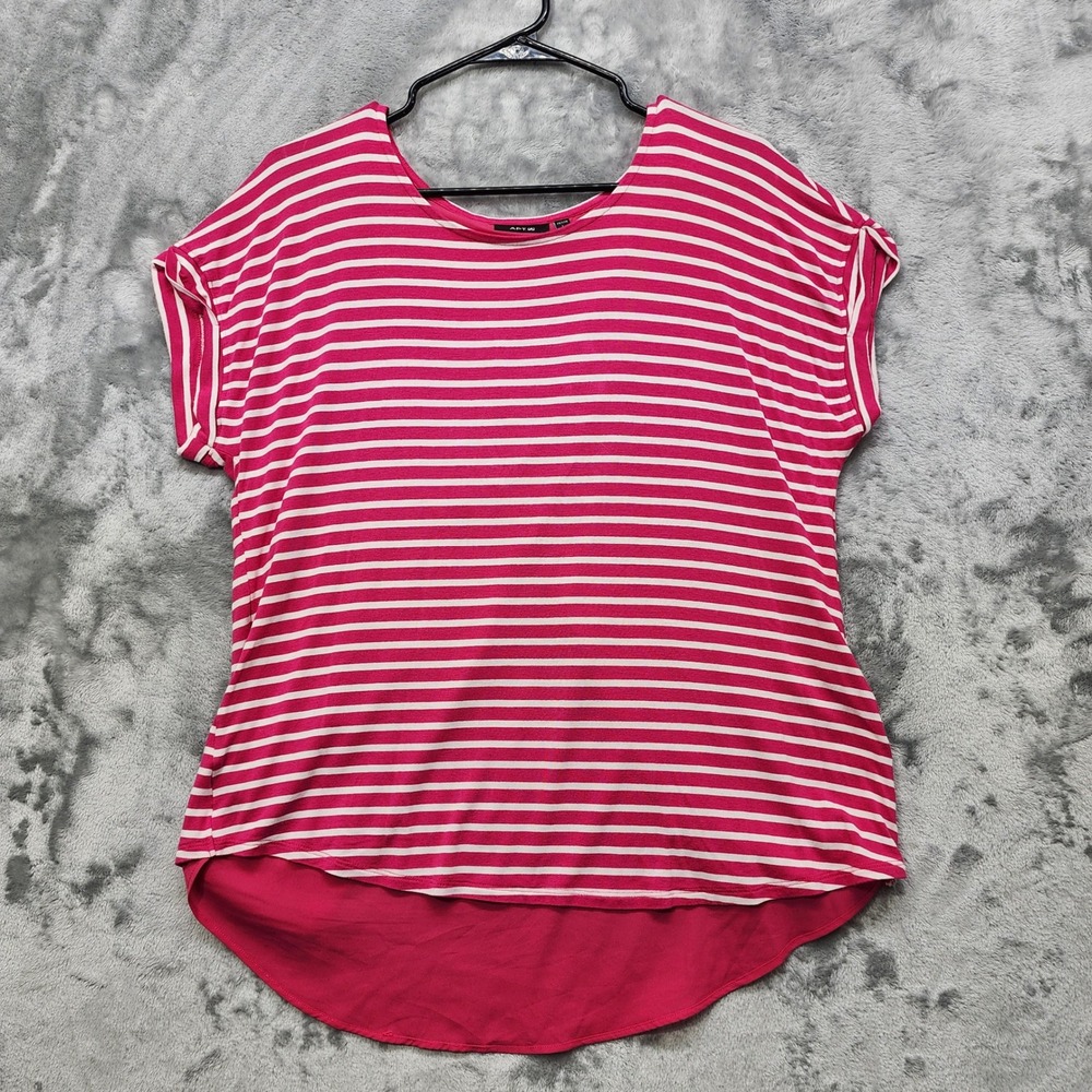 APT 9 Top Womens‎ L PETITE Pink White Striped Short Sleeve High Low Split Back